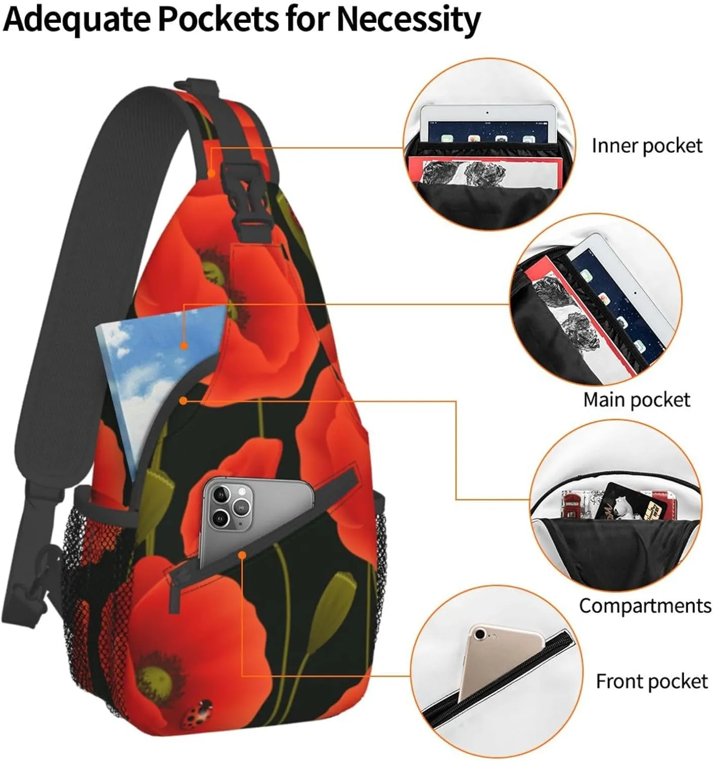 WURTON Poppy Flowers Print Crossbody Backpack Shoulder Bag Cross Chest Bag For Travel, Hiking Gym Tactical Use