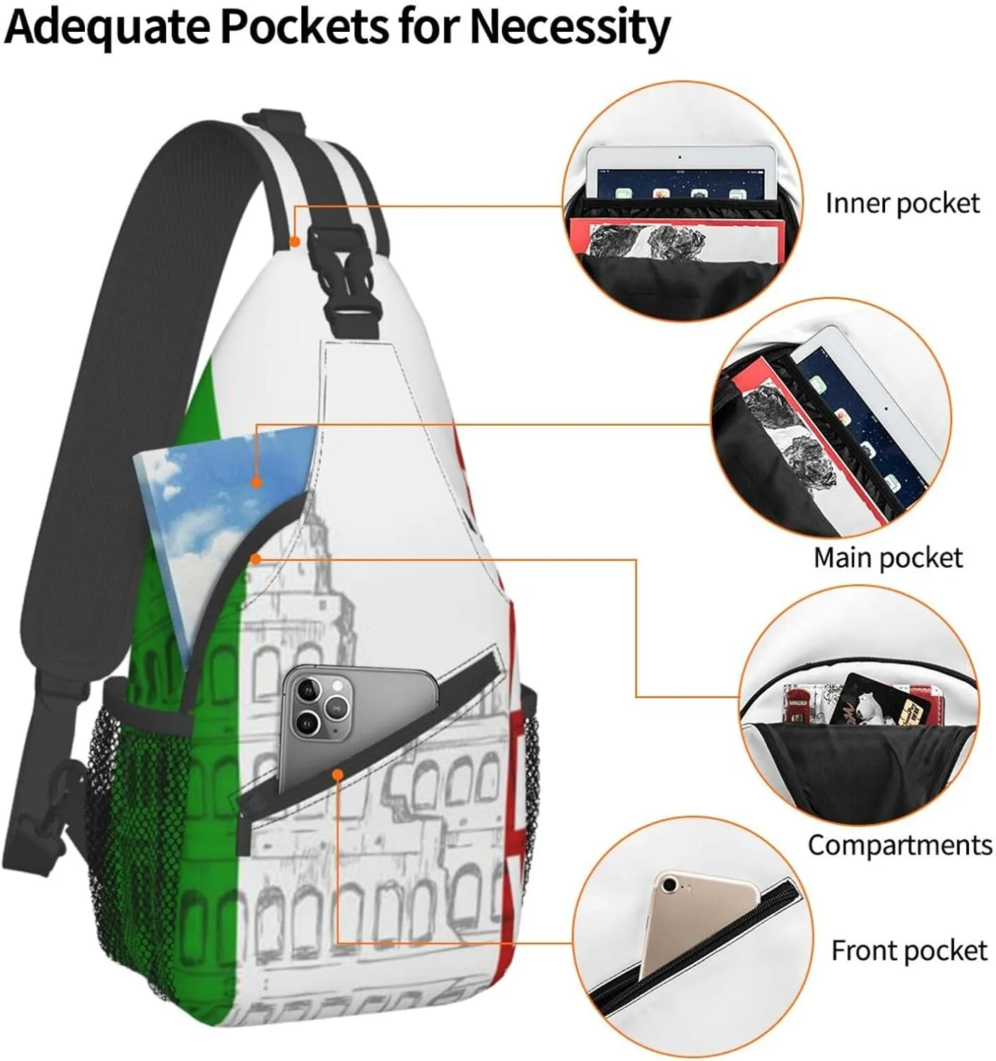 WURTON Roman Colosseum Italian Flag Print Crossbody Backpack Shoulder Bag Cross Chest Bag For Travel, Hiking Gym Tactical Use