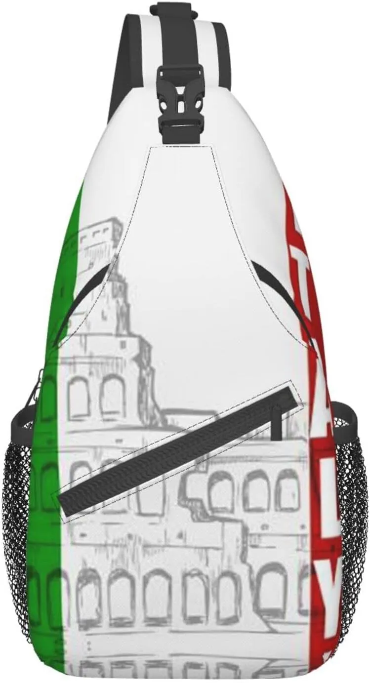 WURTON Roman Colosseum Italian Flag Print Crossbody Backpack Shoulder Bag Cross Chest Bag For Travel, Hiking Gym Tactical Use