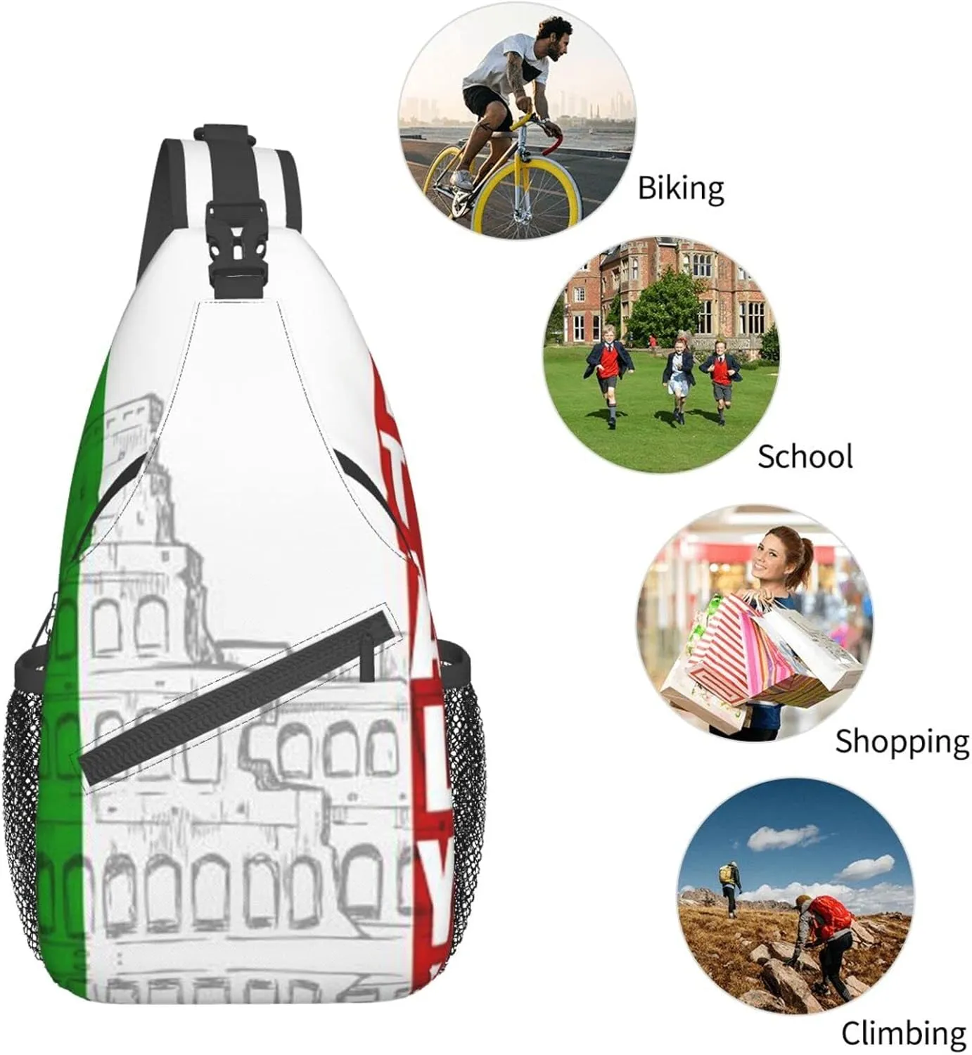 WURTON Roman Colosseum Italian Flag Print Crossbody Backpack Shoulder Bag Cross Chest Bag For Travel, Hiking Gym Tactical Use