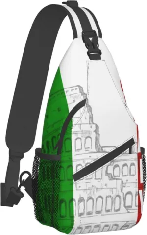 WURTON Roman Colosseum Italian Flag Print Crossbody Backpack Shoulder Bag Cross Chest Bag For Travel, Hiking Gym Tactical Use
