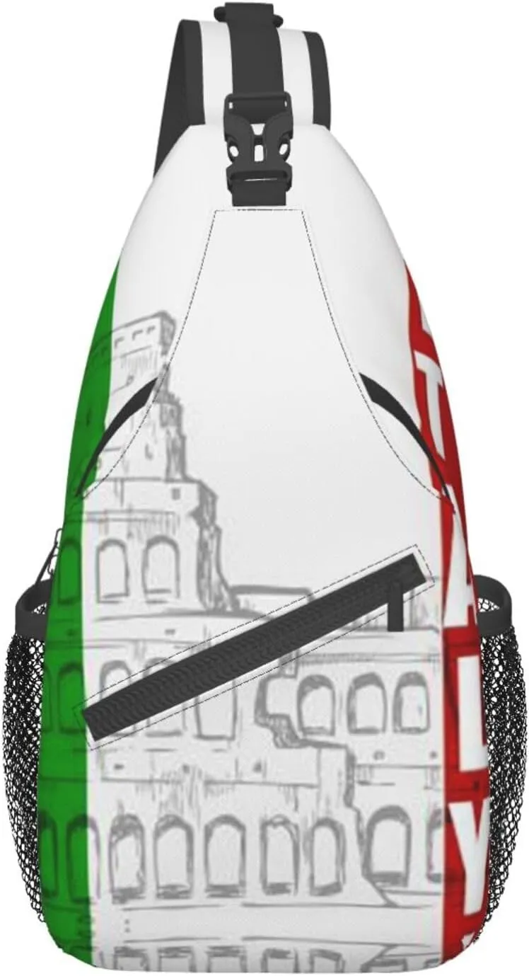 WURTON Roman Colosseum Italian Flag Print Crossbody Backpack Shoulder Bag Cross Chest Bag For Travel, Hiking Gym Tactical Use