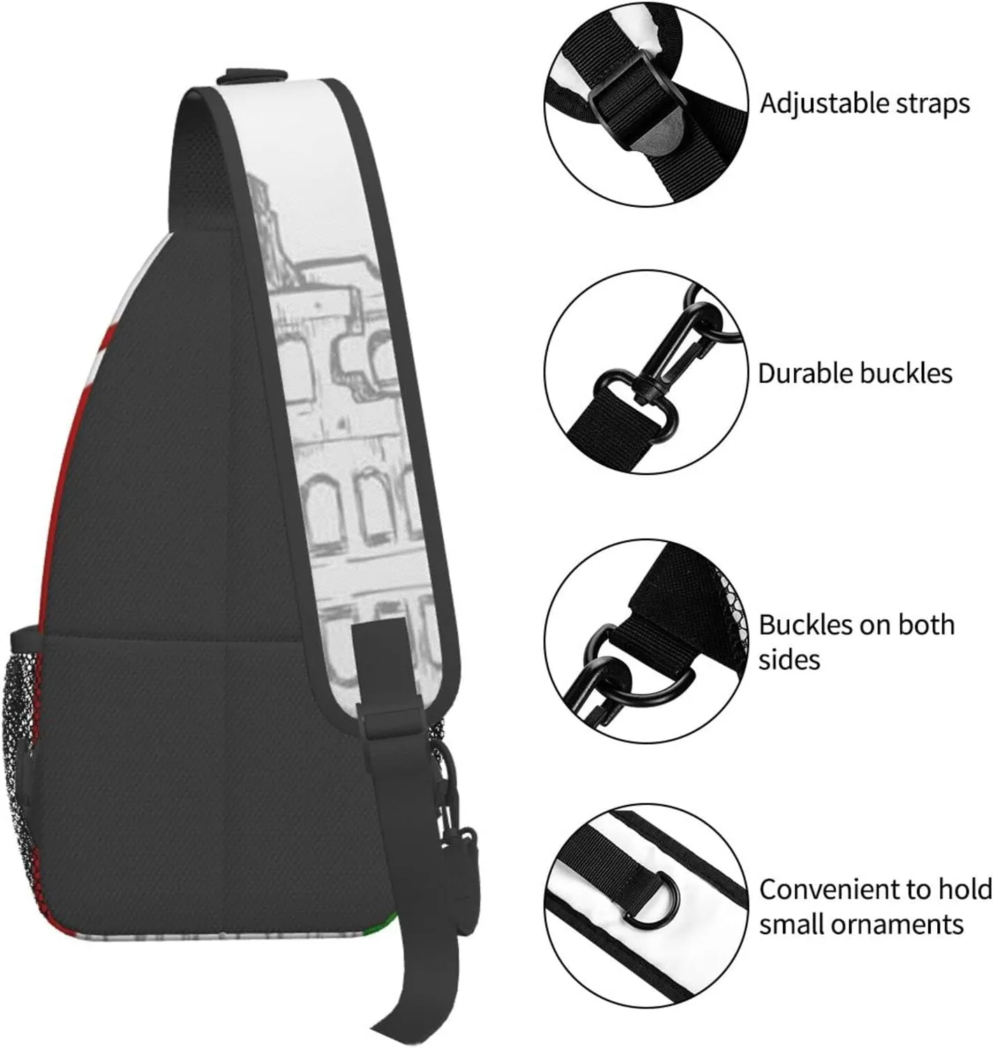 WURTON Roman Colosseum Italian Flag Print Crossbody Backpack Shoulder Bag Cross Chest Bag For Travel, Hiking Gym Tactical Use