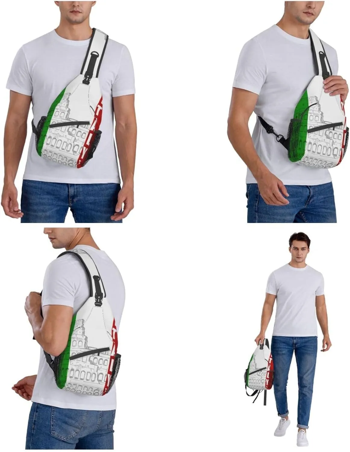 WURTON Roman Colosseum Italian Flag Print Crossbody Backpack Shoulder Bag Cross Chest Bag For Travel, Hiking Gym Tactical Use