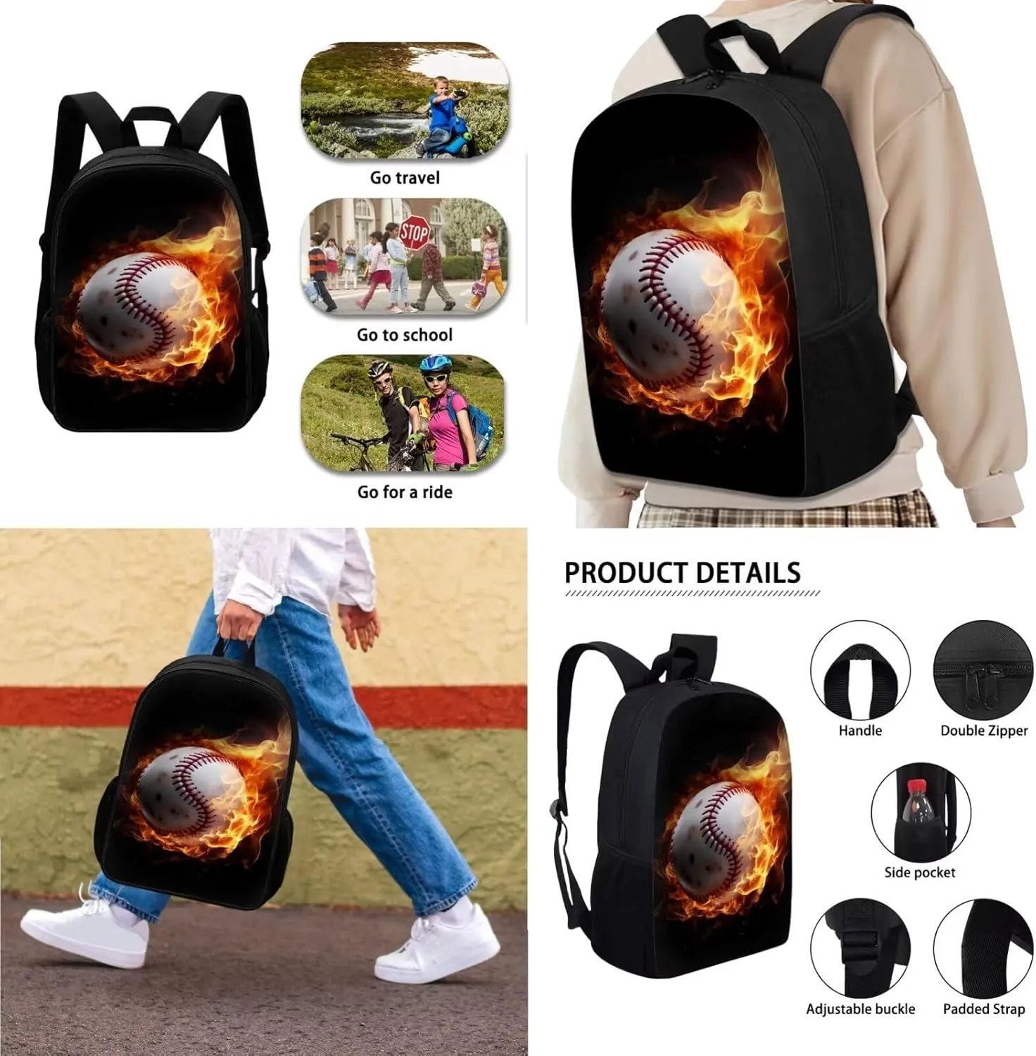 Xoenoiee Baseball with Fire Pattern Kids Backpacks for Primary/Middle School, Lightweight Bookbag Water Resistant with Lunch Pack and Pencil Case 3 in 1