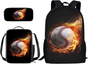 Xoenoiee Baseball with Fire Pattern Kids Backpacks for Primary/Middle School, Lightweight Bookbag Water Resistant with Lunch Pack and Pencil Case 3 in 1