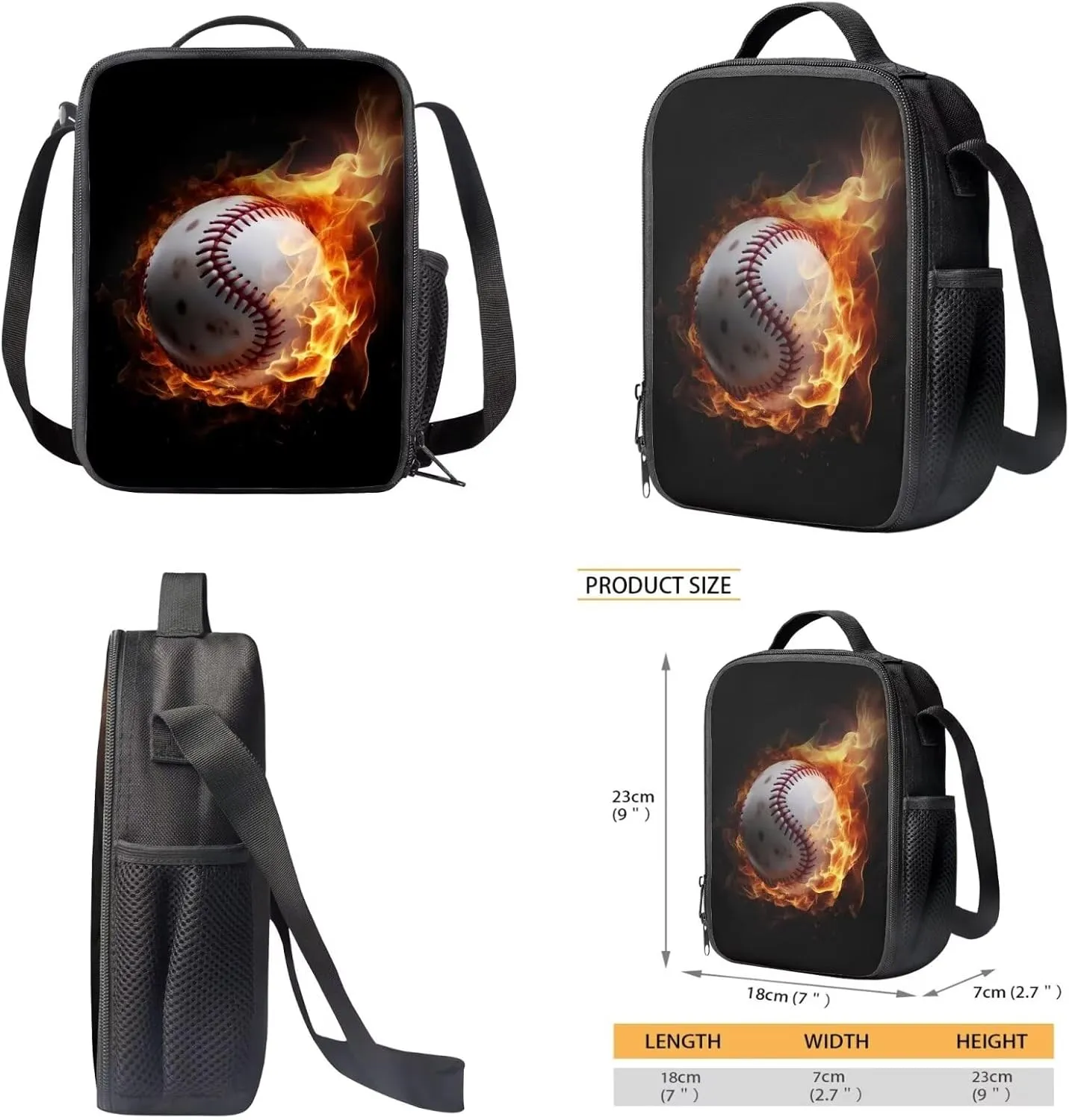 Xoenoiee Baseball with Fire Pattern Kids Backpacks for Primary/Middle School, Lightweight Bookbag Water Resistant with Lunch Pack and Pencil Case 3 in 1