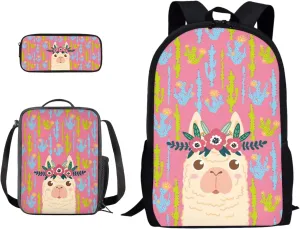 Xoenoiee Cactus Alpaca Pattern Boys Girls School Backpacks Book Bag Set with Lunch Bags Pencil Case,3 Piece Travel Hiking Camping Daypack Set