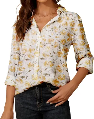 YAMANMAN Womens Button Down Shirt Long Sleeve Classic Collared Tops Work Office Casual Chiffon Blouse