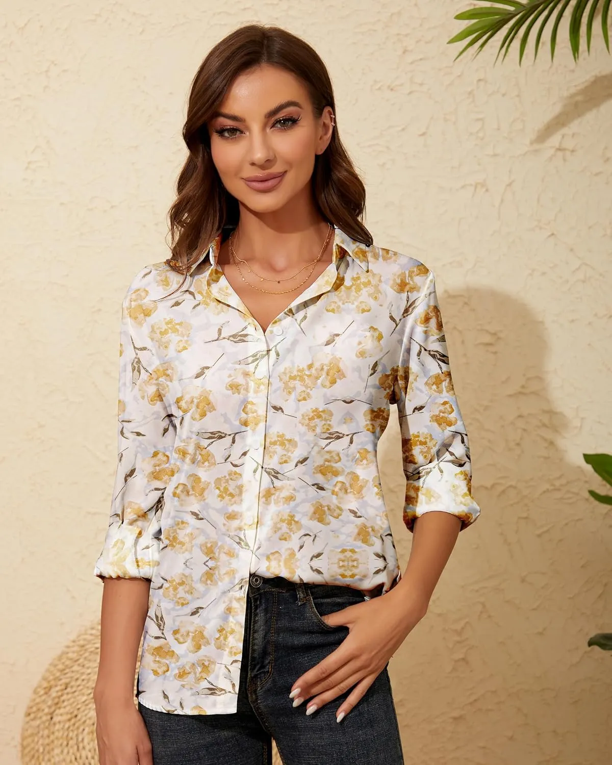 YAMANMAN Womens Button Down Shirt Long Sleeve Classic Collared Tops Work Office Casual Chiffon Blouse