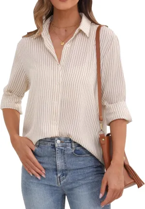 YAMANMAN Womens Button Down Shirt Long Sleeve Classic Collared Tops Work Office Casual Chiffon Blouse