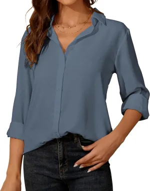 YAMANMAN Womens Button Down Shirt Long Sleeve Classic Collared Tops Work Office Casual Chiffon Blouse