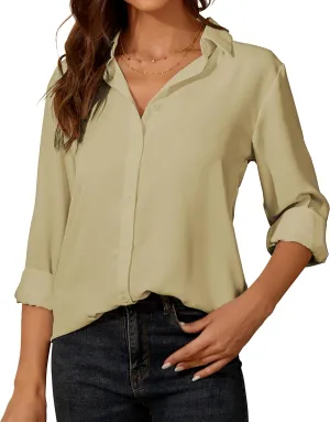 YAMANMAN Womens Button Down Shirt Long Sleeve Classic Collared Tops Work Office Casual Chiffon Blouse