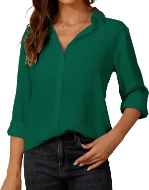 YAMANMAN Womens Button Down Shirt Long Sleeve Classic Collared Tops Work Office Casual Chiffon Blouse