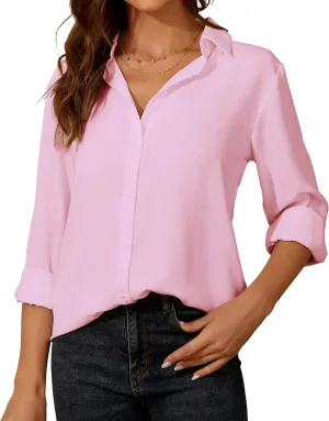 YAMANMAN Womens Button Down Shirt Long Sleeve Classic Collared Tops Work Office Casual Chiffon Blouse