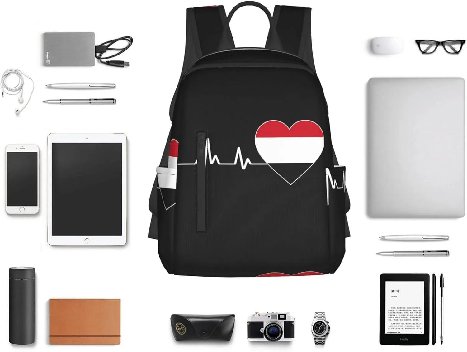 Yemen Yemeni Yemenian Flag Hearts Beats Casual Laptop Backpack Travel Rucksack Sports Daypack Adjustable Strap Bags with Multi-Pockets for Working Running Camping