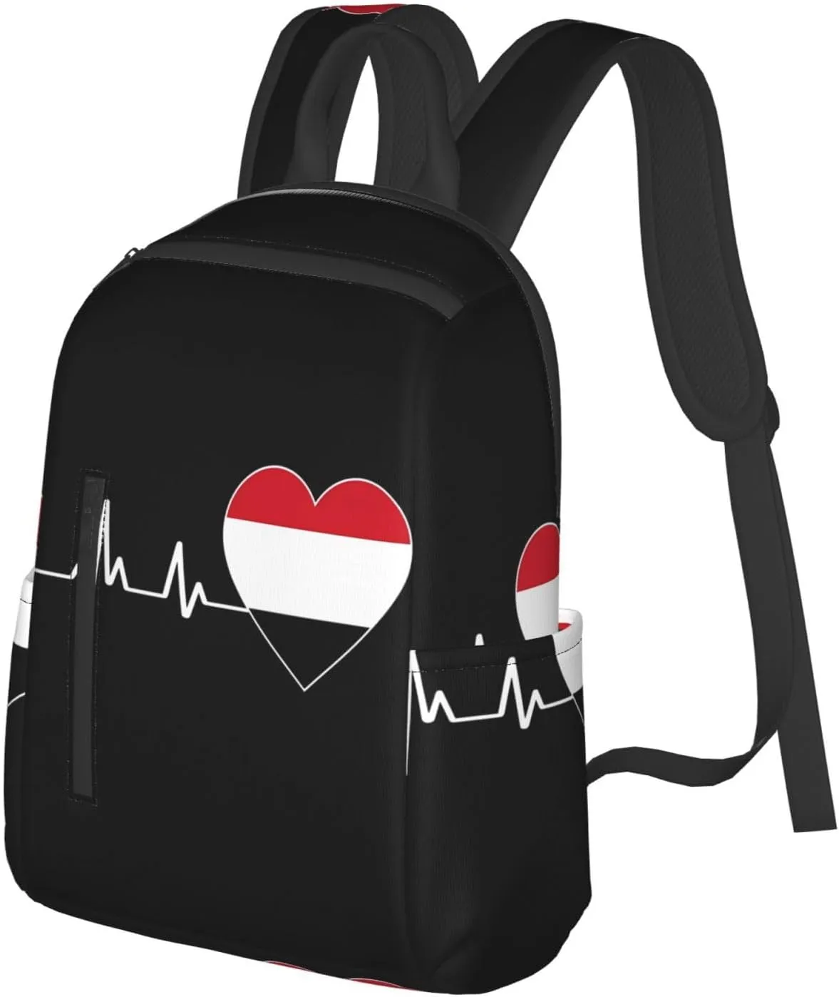Yemen Yemeni Yemenian Flag Hearts Beats Casual Laptop Backpack Travel Rucksack Sports Daypack Adjustable Strap Bags with Multi-Pockets for Working Running Camping