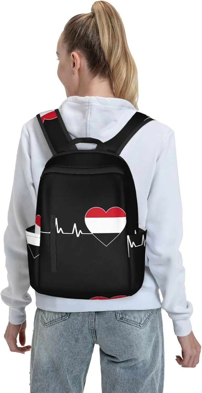 Yemen Yemeni Yemenian Flag Hearts Beats Casual Laptop Backpack Travel Rucksack Sports Daypack Adjustable Strap Bags with Multi-Pockets for Working Running Camping