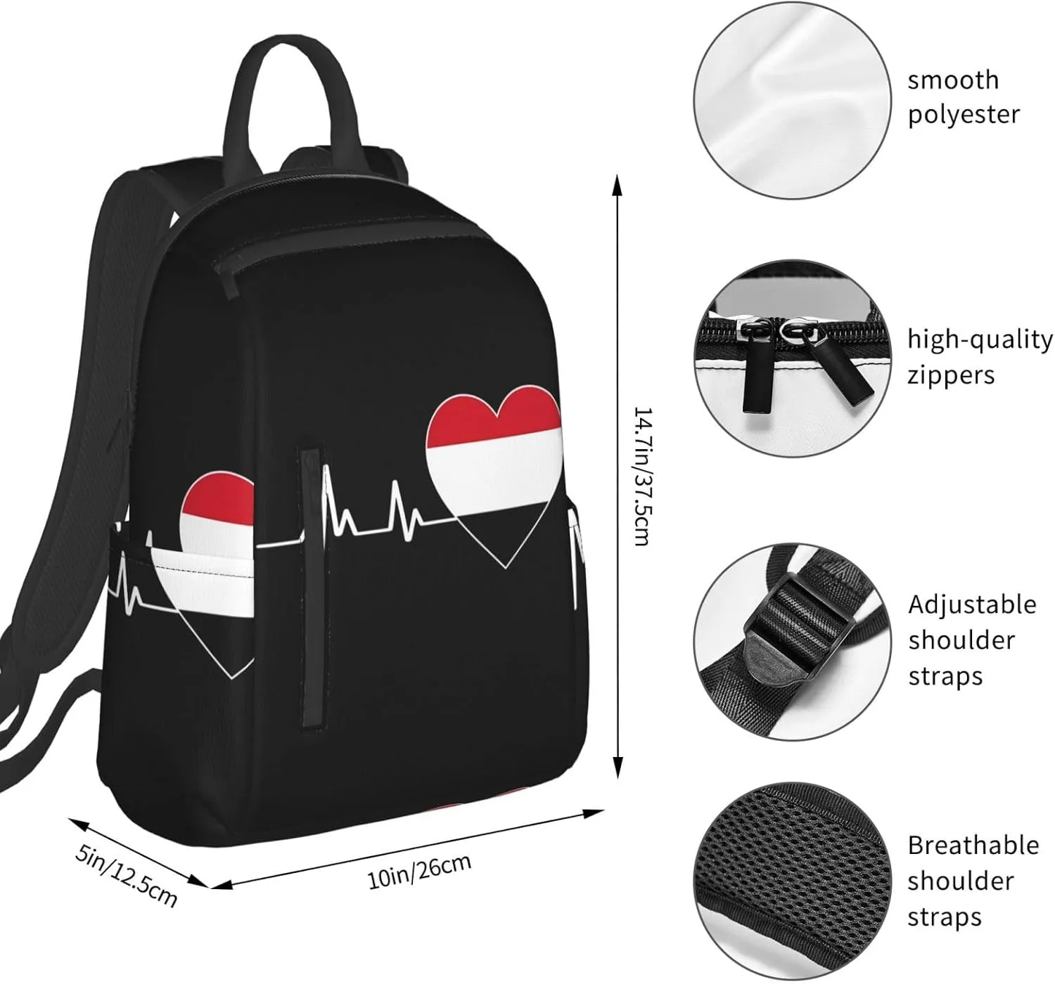 Yemen Yemeni Yemenian Flag Hearts Beats Casual Laptop Backpack Travel Rucksack Sports Daypack Adjustable Strap Bags with Multi-Pockets for Working Running Camping