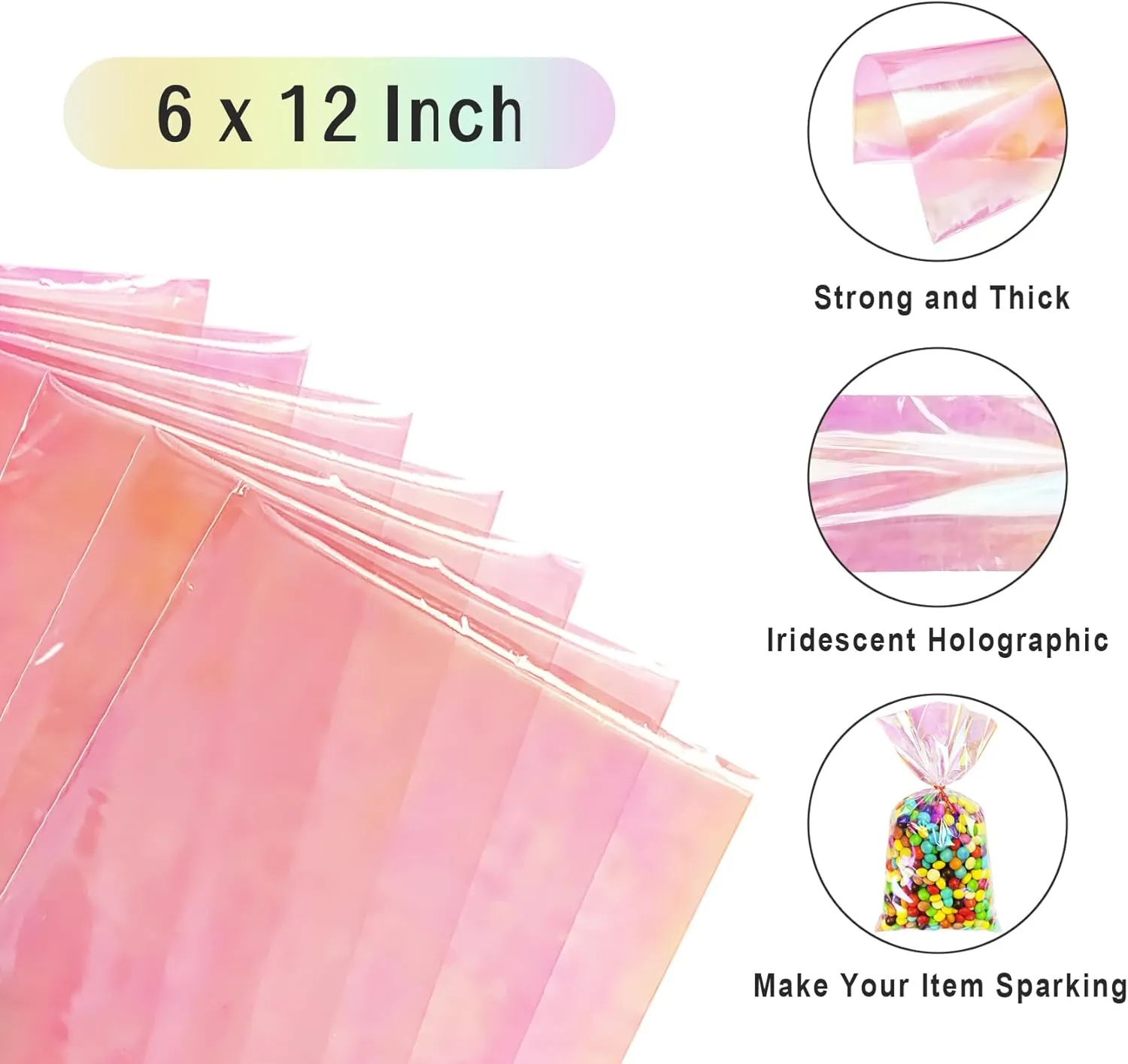 Yotelab Iridescent Holographic Cellophane Treat Bags, 6x12 Inches, Party Favors with Twist Ties, 100 Pieces