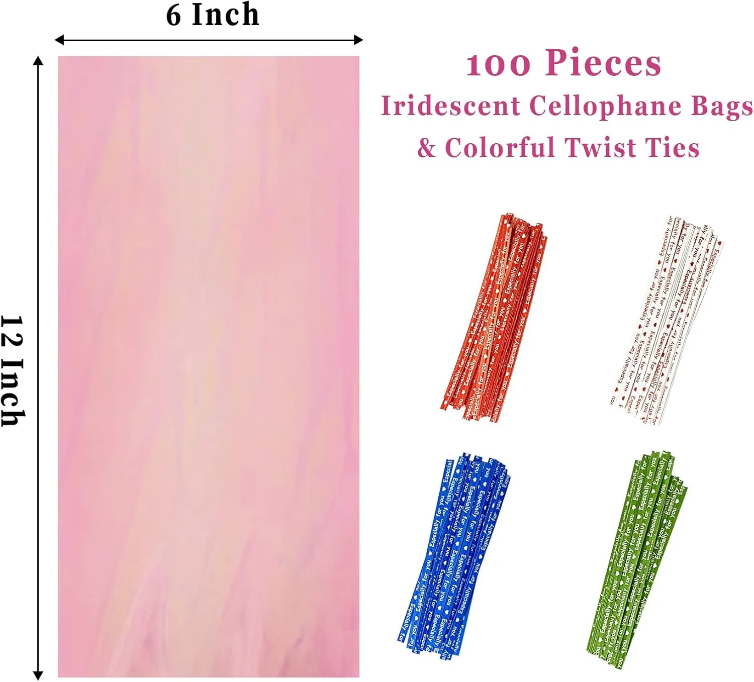 Yotelab Iridescent Holographic Cellophane Treat Bags, 6x12 Inches, Party Favors with Twist Ties, 100 Pieces