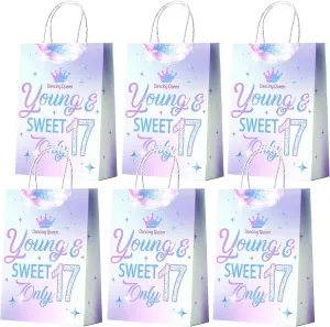 Young and Sweet Only 17 Goodie Bags Happy 17th Birthday Party Decorations for Snacks Candy Treat Bags Cheers to 17 Years Anniversary Party Decor Sign Iridescent 20Pcs