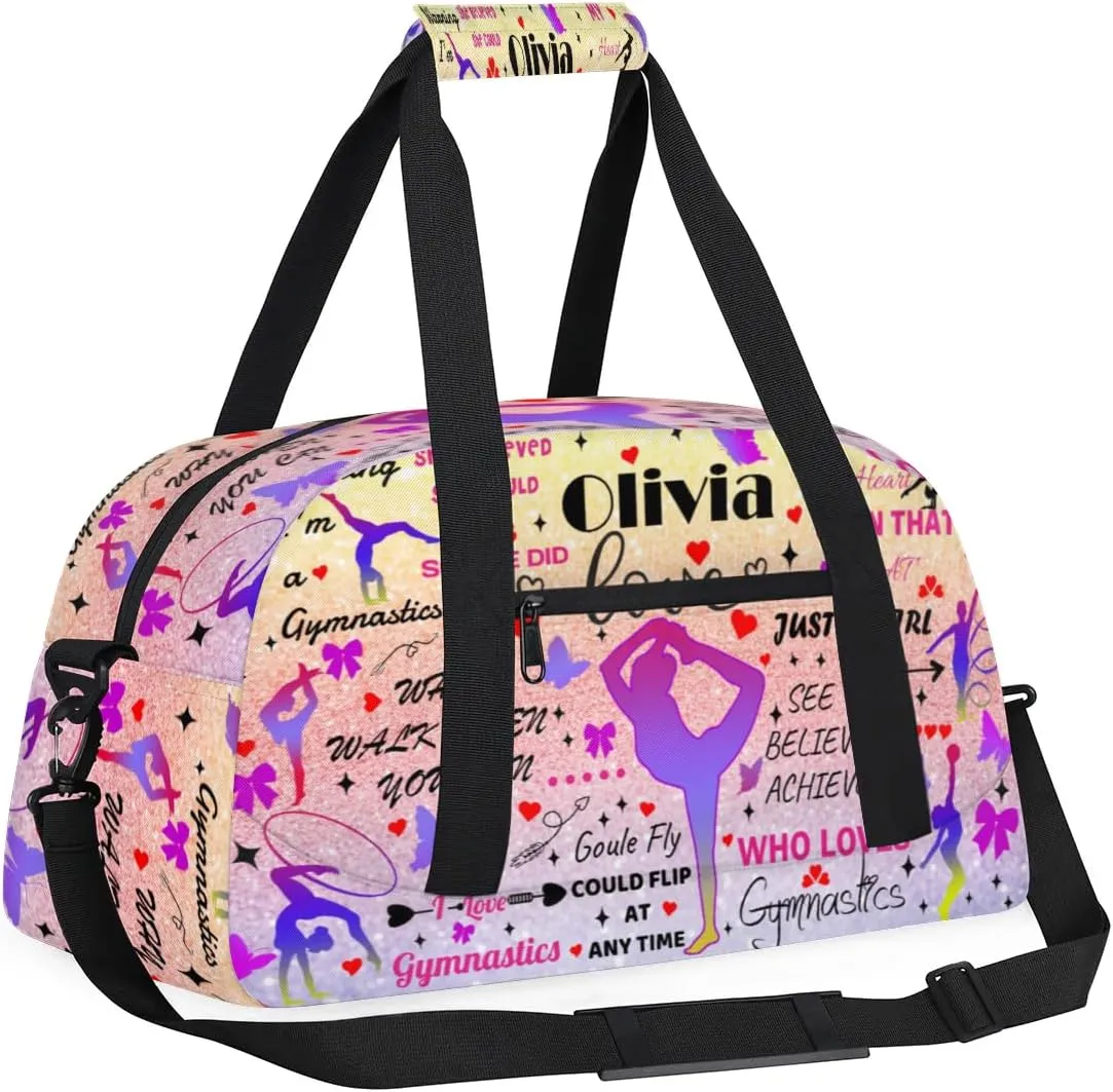 Yzrwebo Personalized Gymnastics Bag with Name for Women, Custom Gymnastics Gym Duffel Bag, Customized Sport Bag Travel Weekender Overnight Bags, Glitter