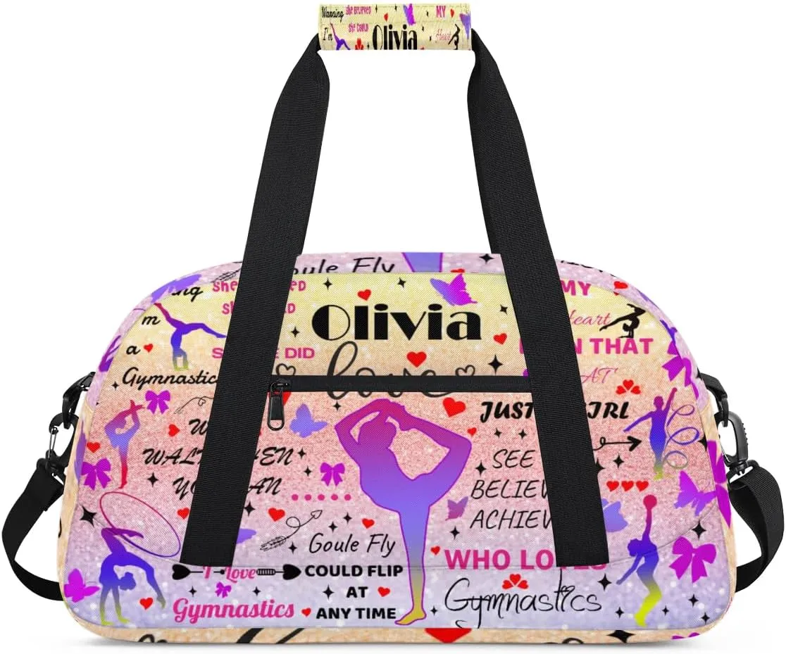 Yzrwebo Personalized Gymnastics Bag with Name for Women, Custom Gymnastics Gym Duffel Bag, Customized Sport Bag Travel Weekender Overnight Bags, Glitter