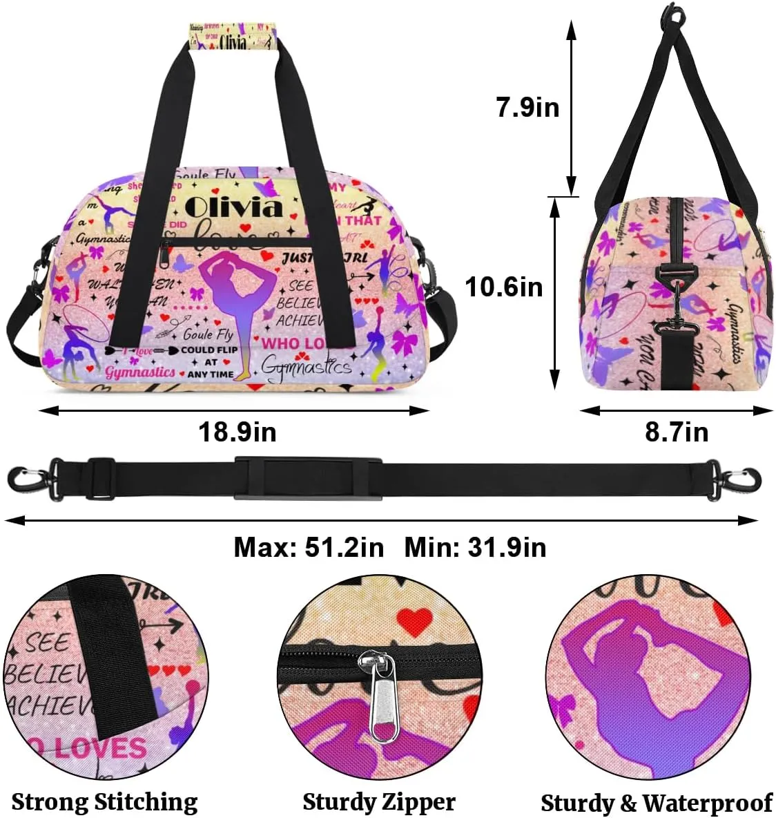 Yzrwebo Personalized Gymnastics Bag with Name for Women, Custom Gymnastics Gym Duffel Bag, Customized Sport Bag Travel Weekender Overnight Bags, Glitter