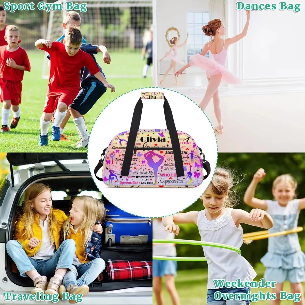 Yzrwebo Personalized Gymnastics Bag with Name for Women, Custom Gymnastics Gym Duffel Bag, Customized Sport Bag Travel Weekender Overnight Bags, Glitter