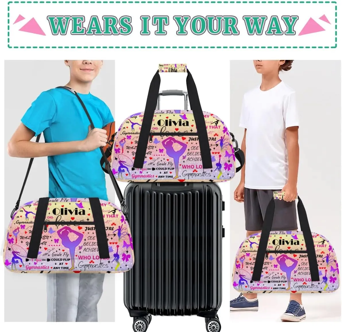 Yzrwebo Personalized Gymnastics Bag with Name for Women, Custom Gymnastics Gym Duffel Bag, Customized Sport Bag Travel Weekender Overnight Bags, Glitter