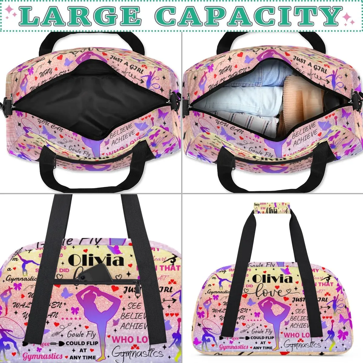 Yzrwebo Personalized Gymnastics Bag with Name for Women, Custom Gymnastics Gym Duffel Bag, Customized Sport Bag Travel Weekender Overnight Bags, Glitter