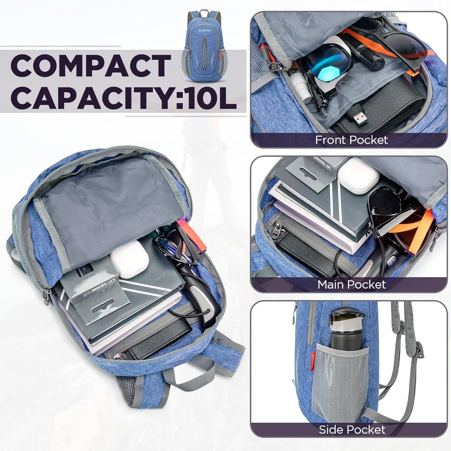 ZOMAKE 10L Small Packable Hiking Backpack - Lightweight Hiking Daypack - Tear Resistant Foldable Day Pack for Women Men