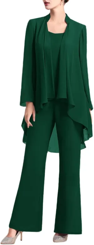 Zongqiven Women's Mother of The Bride Pant Suits 3 Pieces Chiffon Outfit Sets for Wedding Guest Evening Party Gowns