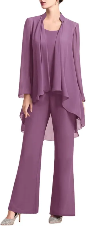 Zongqiven Women's Mother of The Bride Pant Suits 3 Pieces Chiffon Outfit Sets for Wedding Guest Evening Party Gowns