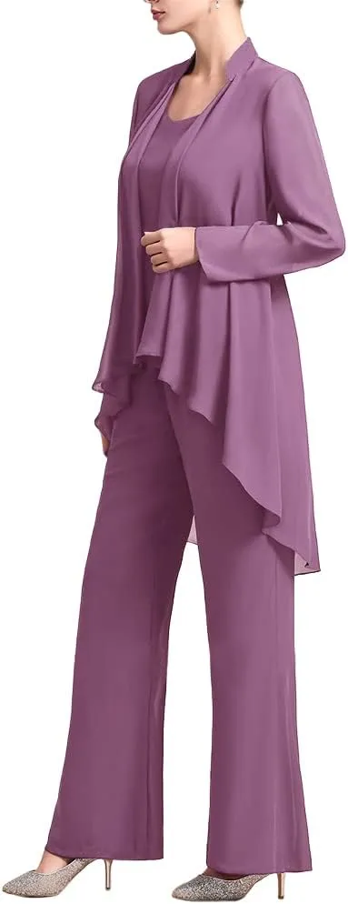 Zongqiven Women's Mother of The Bride Pant Suits 3 Pieces Chiffon Outfit Sets for Wedding Guest Evening Party Gowns