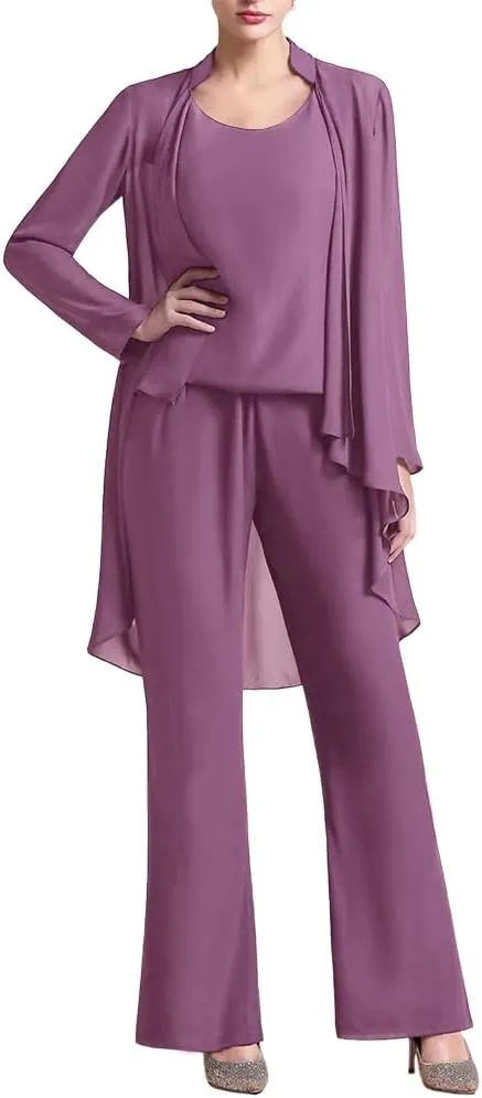 Zongqiven Women's Mother of The Bride Pant Suits 3 Pieces Chiffon Outfit Sets for Wedding Guest Evening Party Gowns