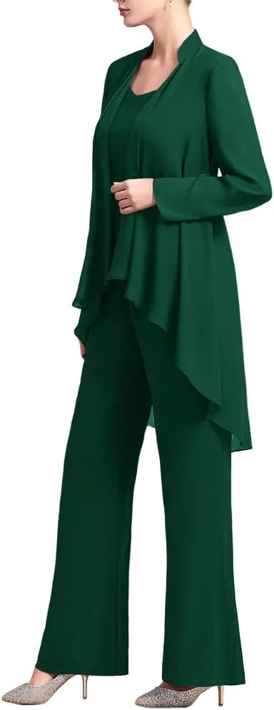 Zongqiven Women's Mother of The Bride Pant Suits 3 Pieces Chiffon Outfit Sets for Wedding Guest Evening Party Gowns