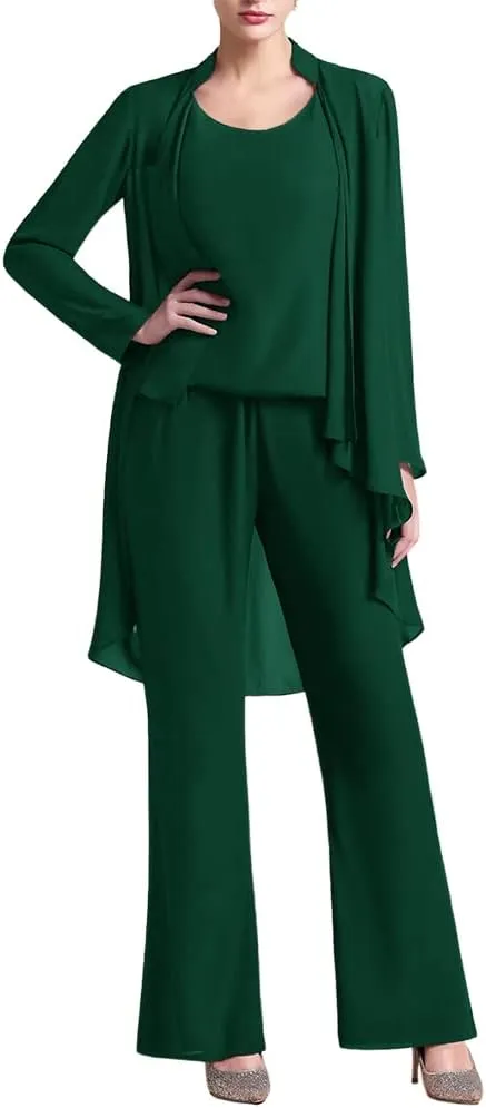 Zongqiven Women's Mother of The Bride Pant Suits 3 Pieces Chiffon Outfit Sets for Wedding Guest Evening Party Gowns