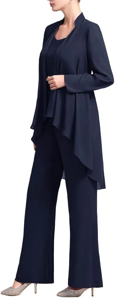 Zongqiven Women's Mother of The Bride Pant Suits 3 Pieces Chiffon Outfit Sets for Wedding Guest Evening Party Gowns