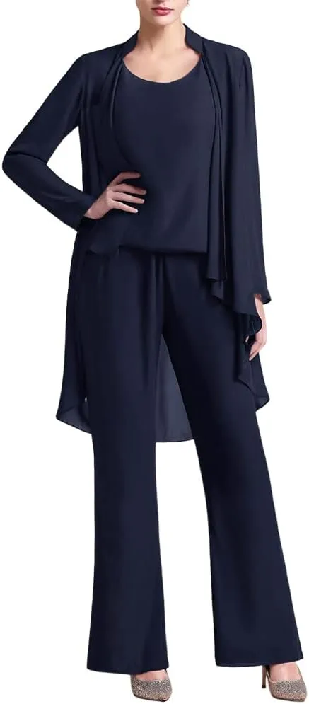 Zongqiven Women's Mother of The Bride Pant Suits 3 Pieces Chiffon Outfit Sets for Wedding Guest Evening Party Gowns